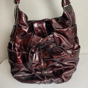 VTG Kooba Hobo Shoulder Bag Large Burgundy Red Leather Bow Shiny Purse